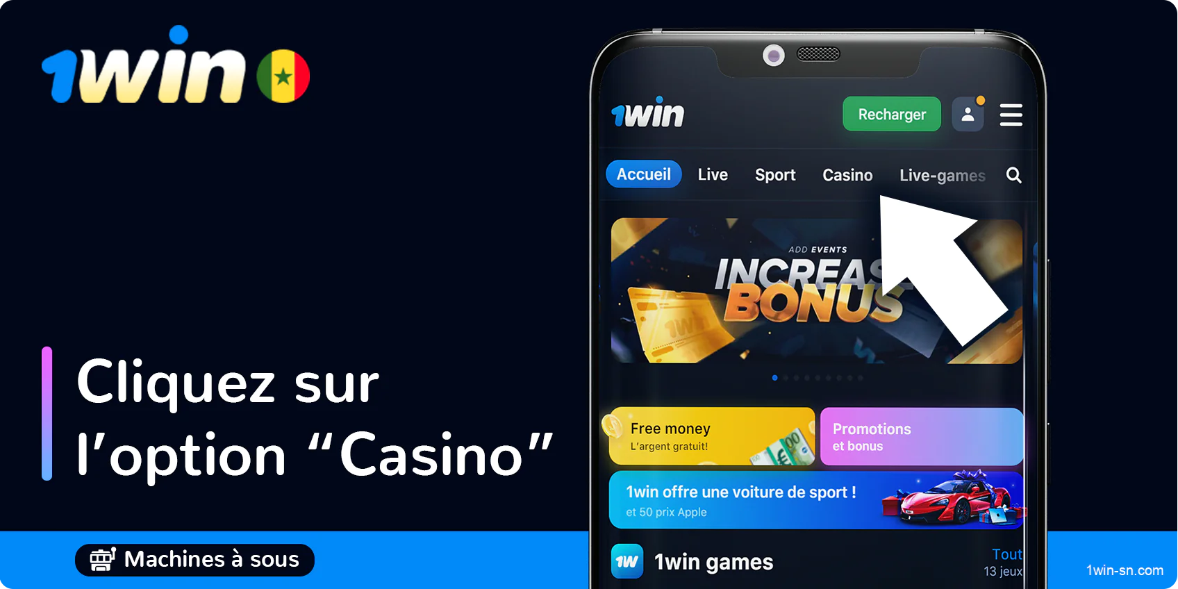Accédez à la section "Casino" en utilisant le menu supérieur du site web ou de l'application mobile